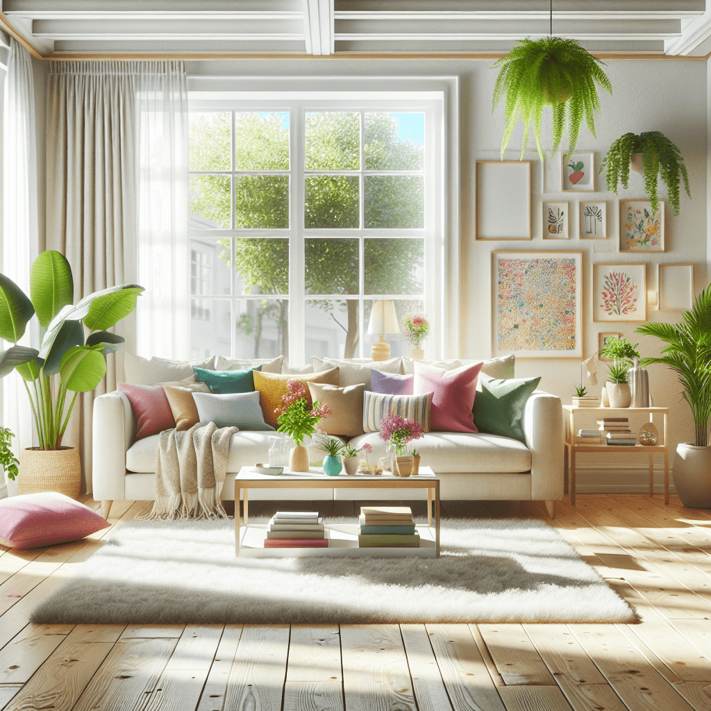 A freshly cleaned living room with sunlight, a light sofa, and a cozy atmosphere.
