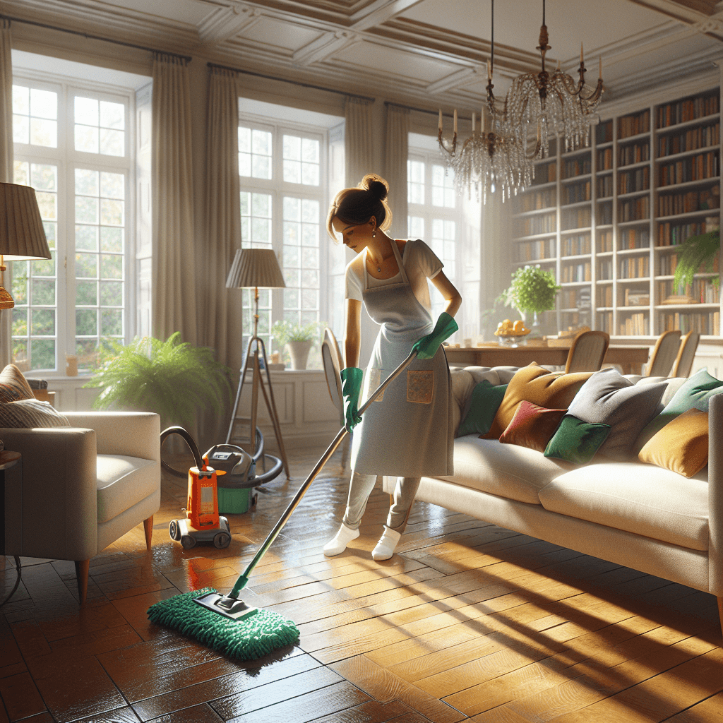 A woman cleaning a cozy living room with sunlight streaming in, showcasing a clean and organized space.
