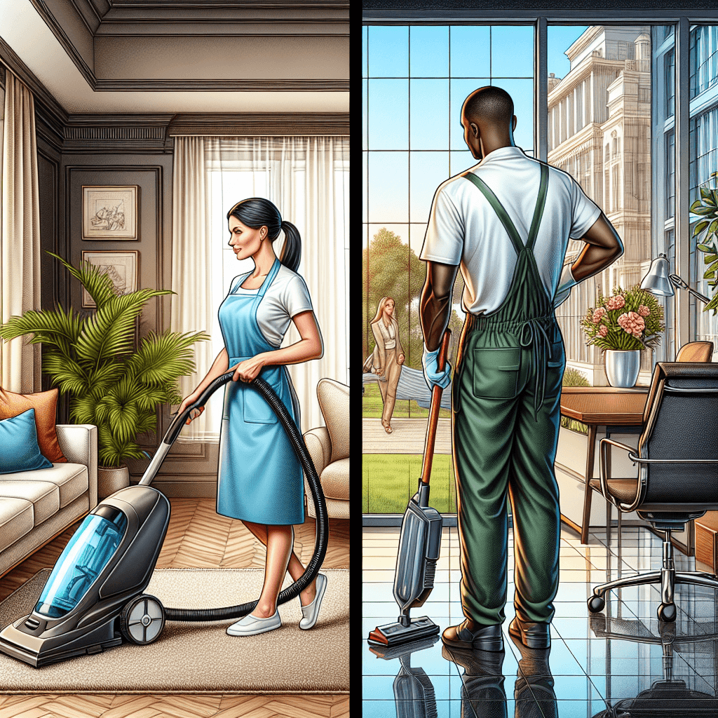 An illustration depicting residential and commercial cleaning services, featuring a woman vacuuming a living room and a man cleaning an office window.
