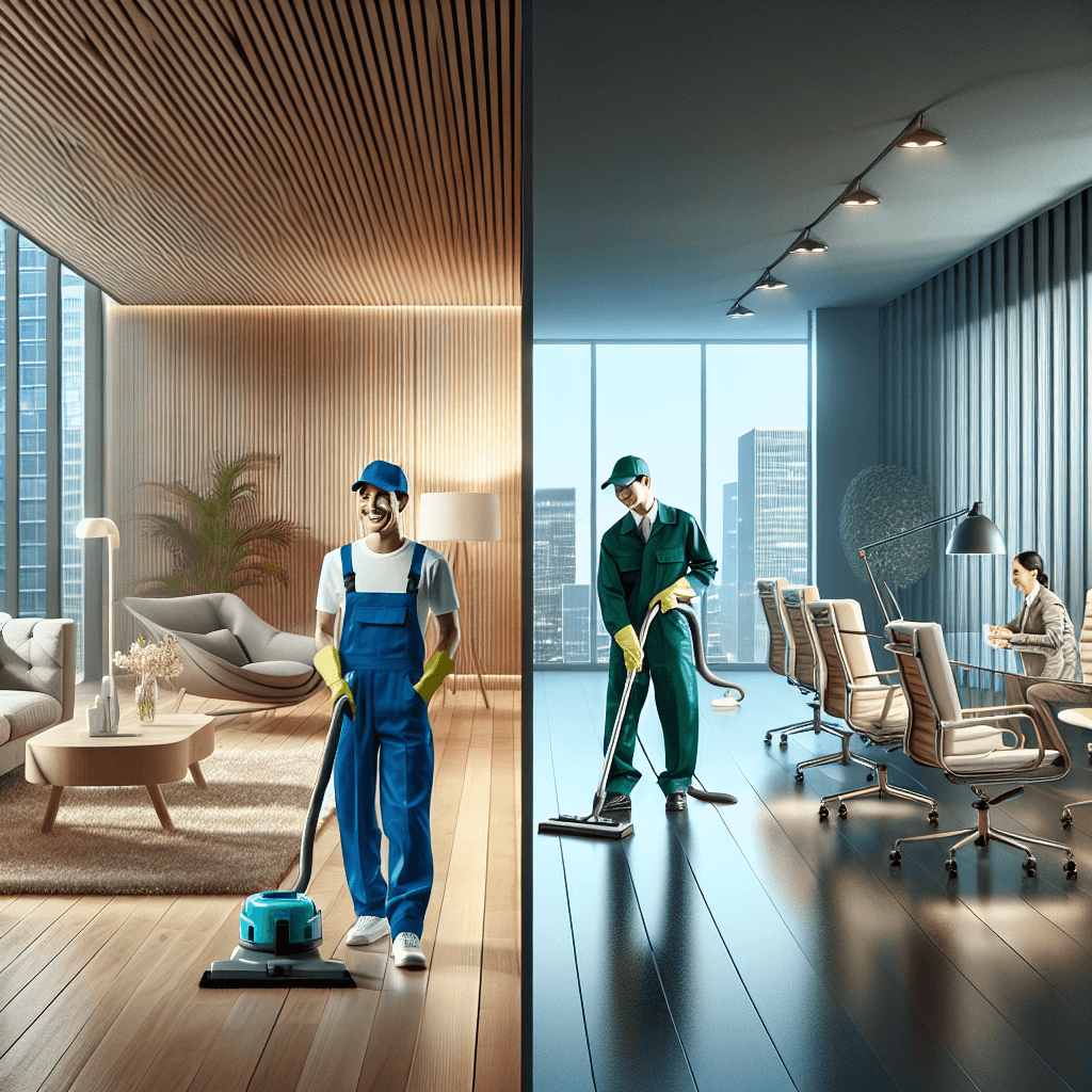 A split scene showing residential and commercial cleaning services in action.