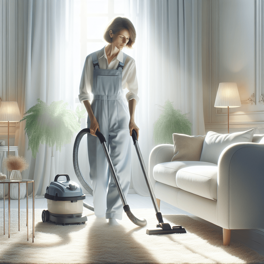 A cleaning professional using a vacuum cleaner in a bright, tidy indoor space.