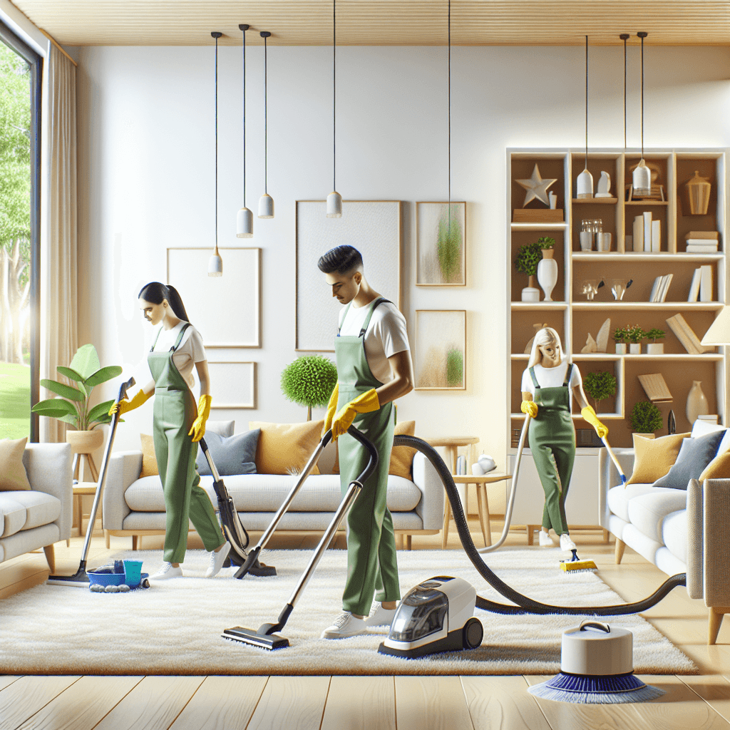 A cleaning service team working in a bright and tidy living room.