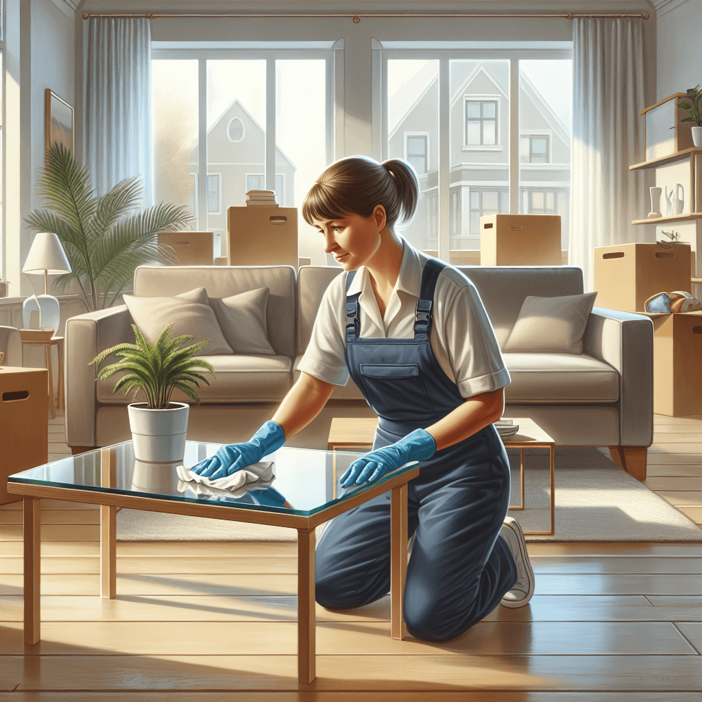 A cleaning service worker cleaning a living room during a move out cleaning.