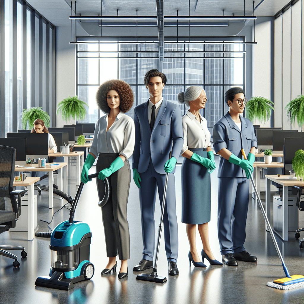 A scene showing professional cleaners working in a tidy office environment.
