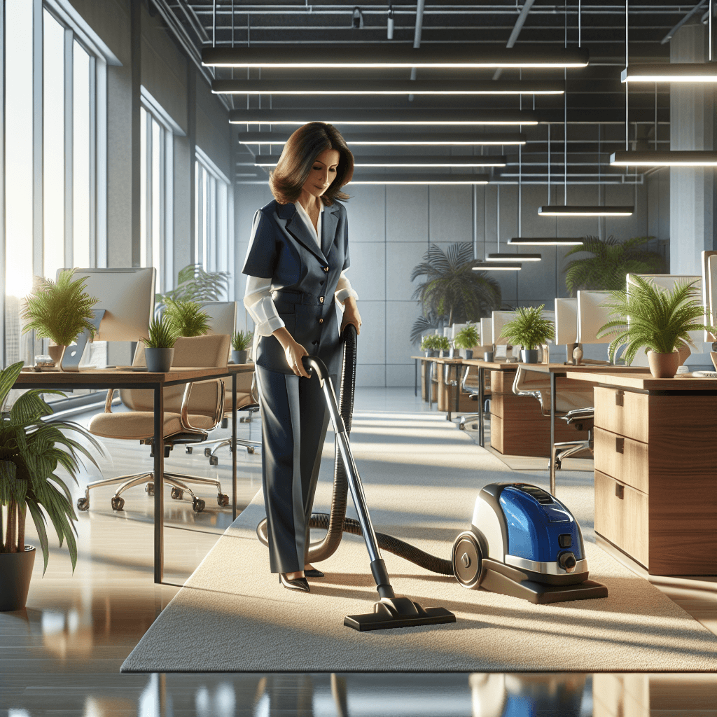A professional cleaner vacuuming in a modern office.