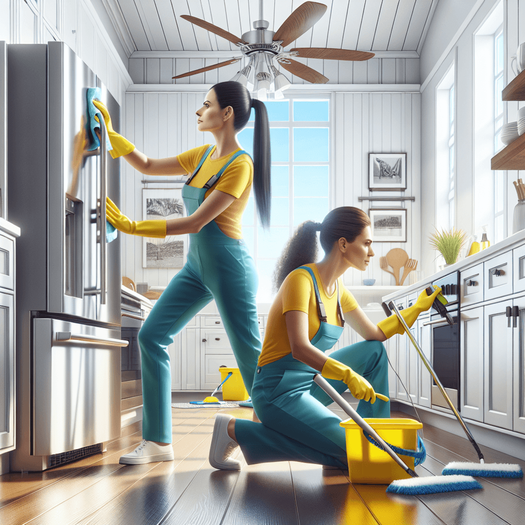 A cleaning team performing deep cleaning in a modern kitchen.