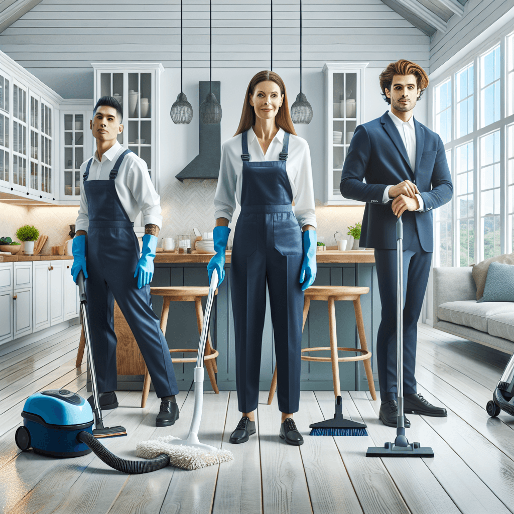 A professional cleaning team deep cleaning a bright, modern kitchen.