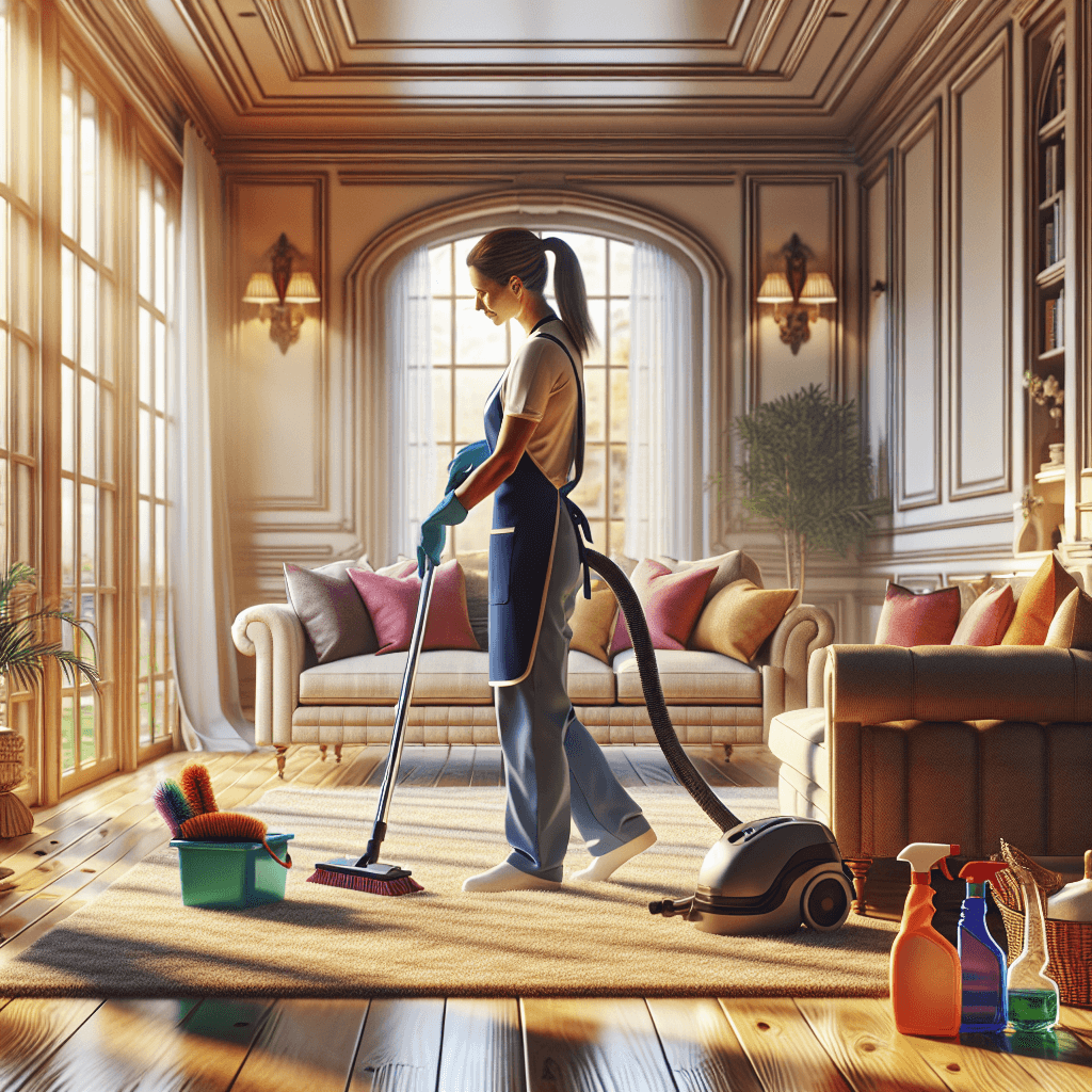 An inviting home interior showing a professional cleaner deep cleaning the living room.