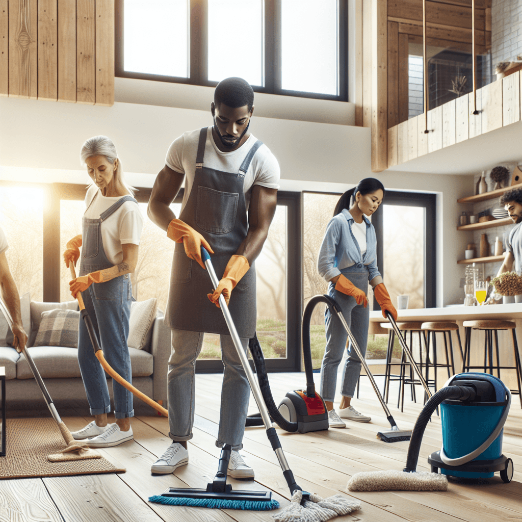 A team of diverse professional cleaners deep cleaning a modern home.