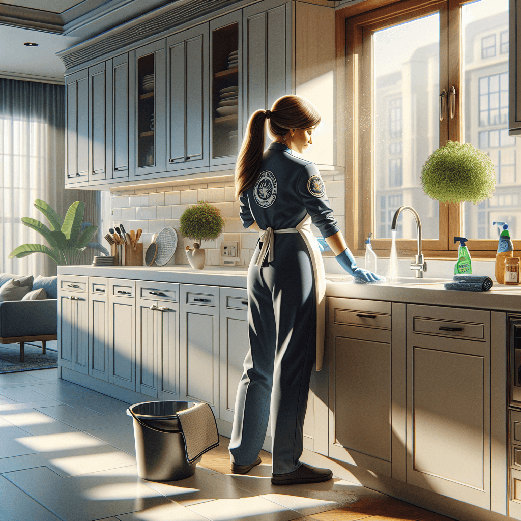 A professional cleaner scrubbing a white kitchen countertop in a modern home.