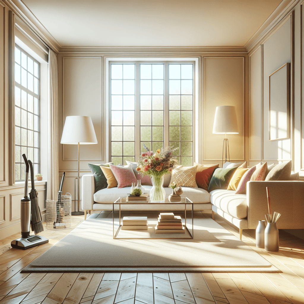 A clean and cozy living room with sunlight, polished hardwood floor, and a welcoming atmosphere.