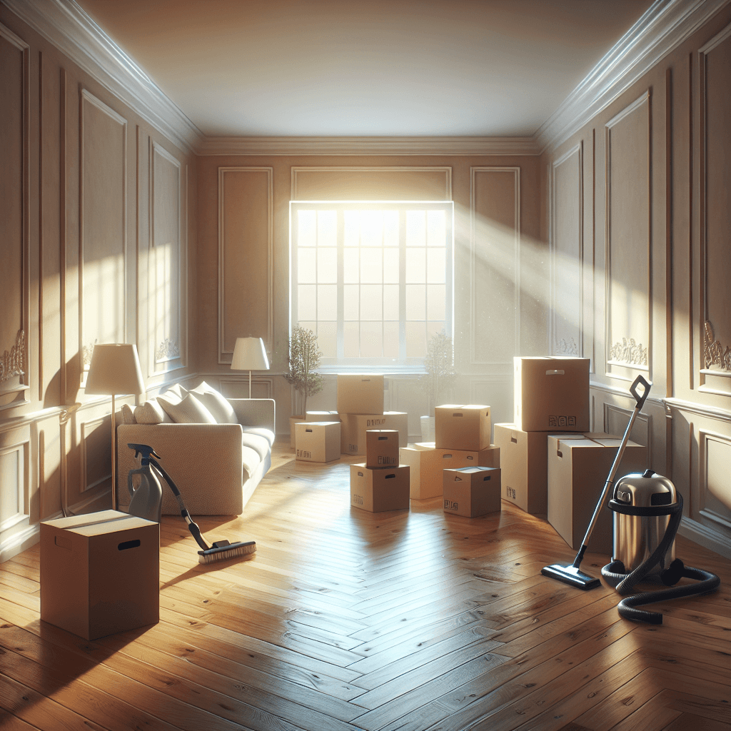 A clean living room with moving boxes and sunlight streaming through the window.