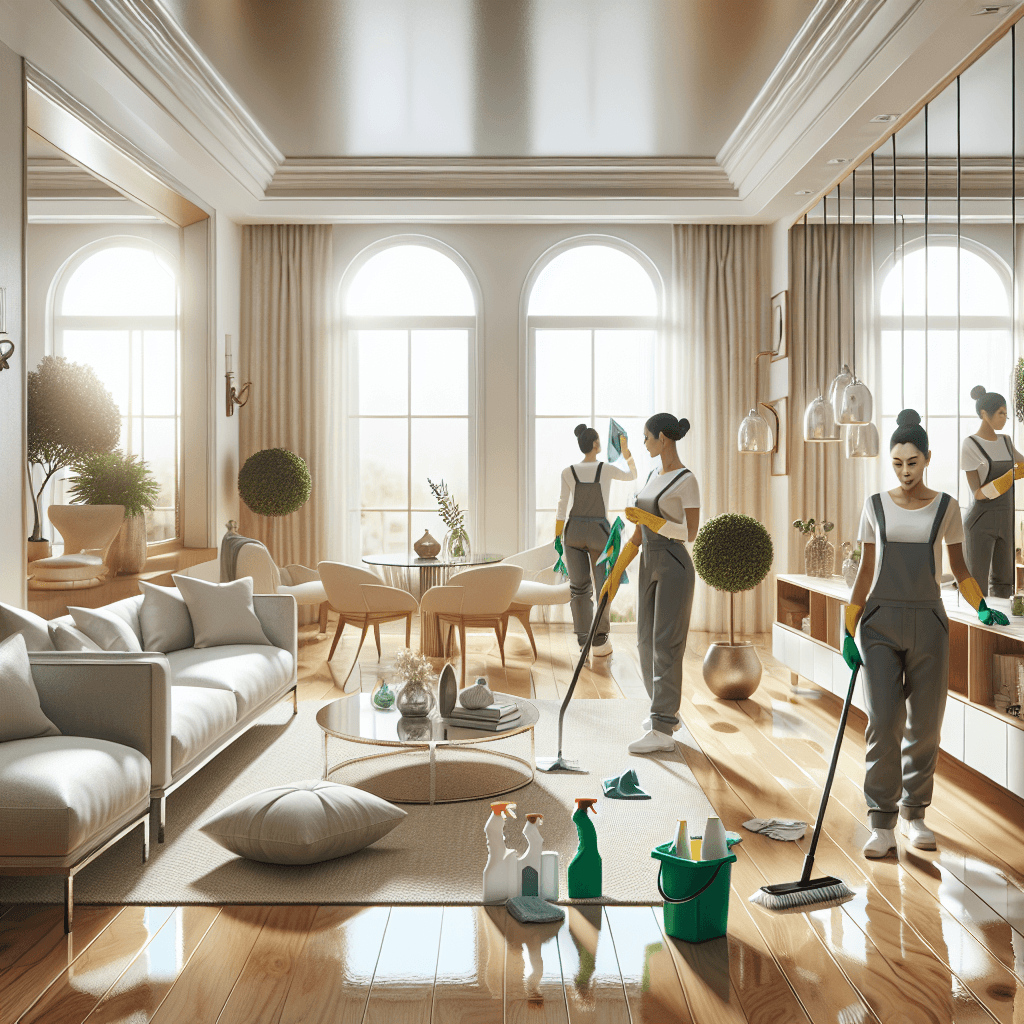 A pristine home interior being cleaned by professionals.