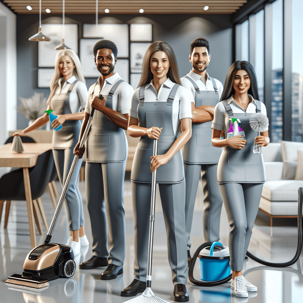 A professional cleaning team from Edmonton Cleaning Service working in a modern, tidy living room and office space.