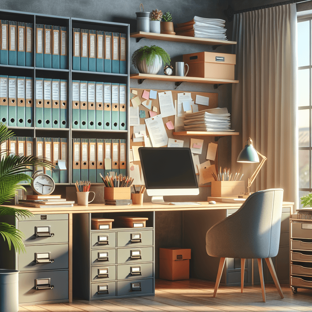 A well-organized workspace with colorful storage bins and a neat desk.