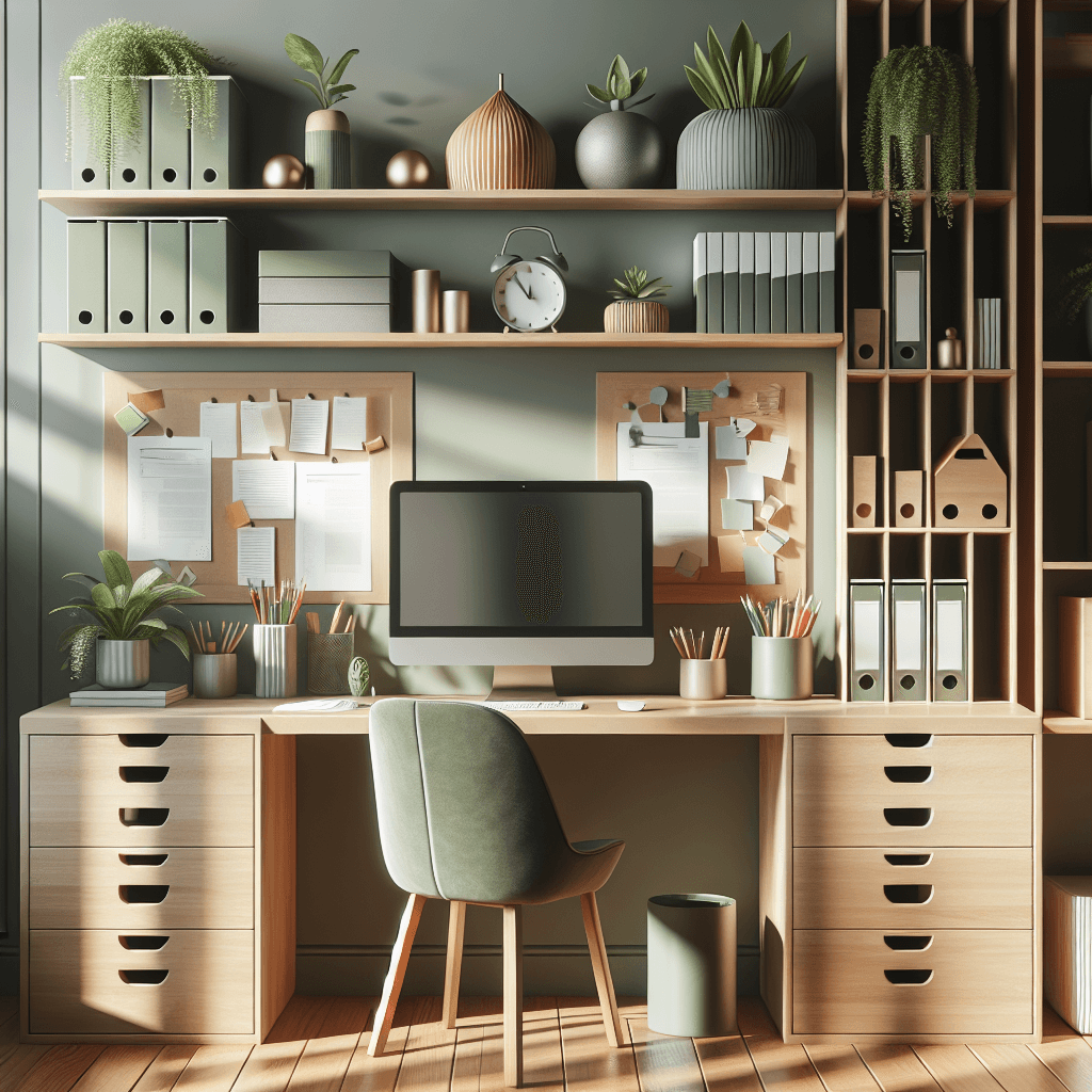 A cozy and organized home office with a modern desk and storage.