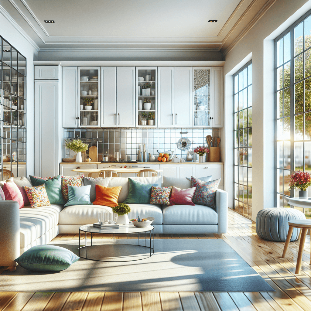 A clean and inviting living room and kitchen showcasing a deep cleaning effect.