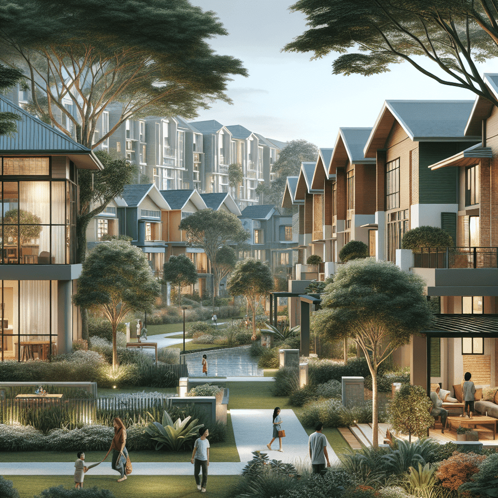 A view of Henderson Estates community showcasing modern and classic homes in a lush, serene environment.